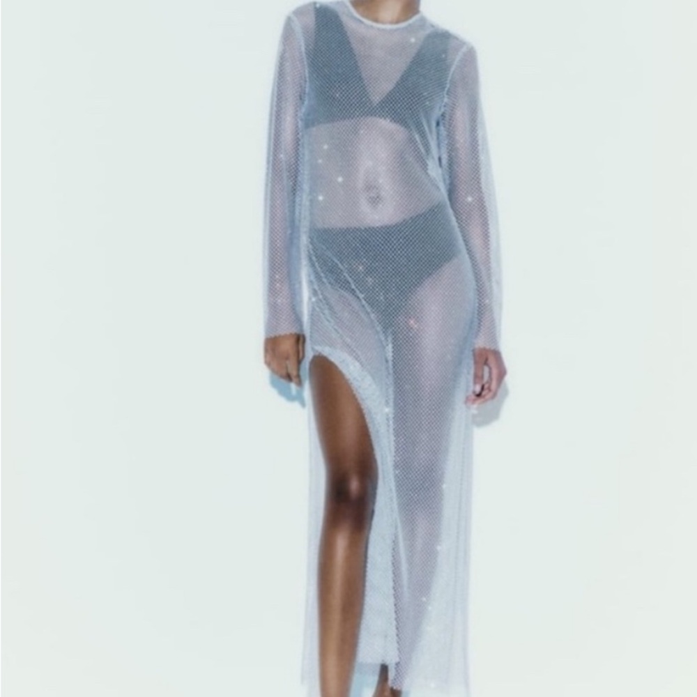 ZARA NWT Rhinestone Mesh Maxi Dress/ cover up in White